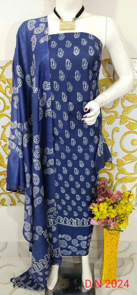 Premium Quality Screen Printed Designs Katan Silk Suit Indigo Color - D  No. 2024