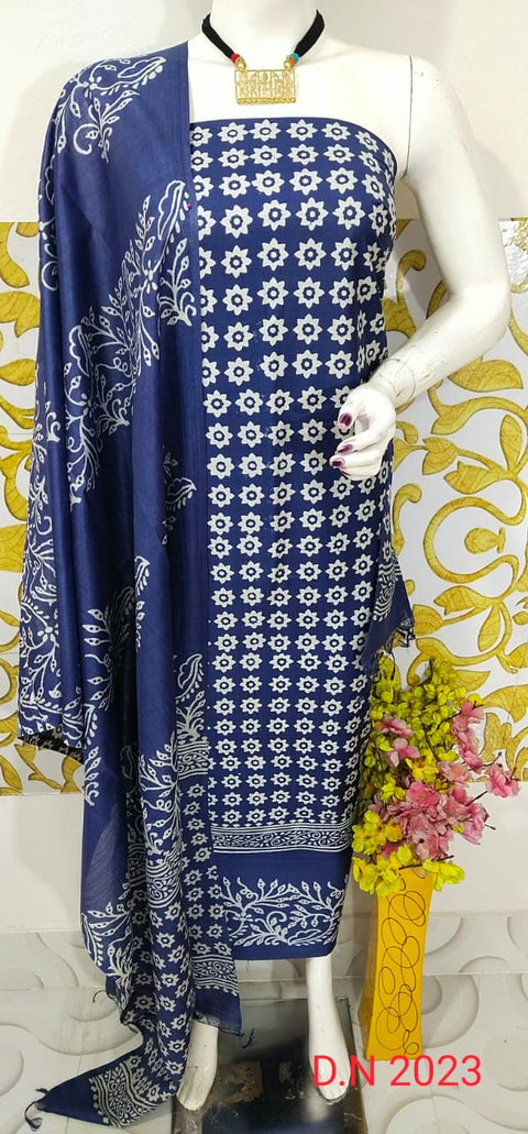 Premium Quality Screen Printed Designs Katan Silk Suit Indigo Color - D  No. 2023