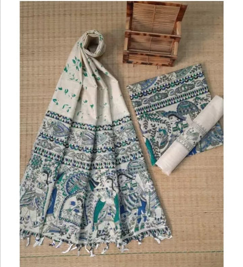 Matka Cotton Screen Printed Kalamkari Dress Material - Sea Blue Colour Design