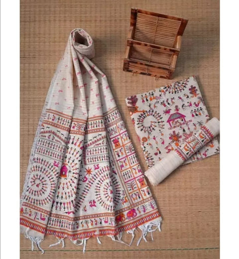 Matka Cotton Screen Printed Kalamkari Dress Material - Red Colour Design