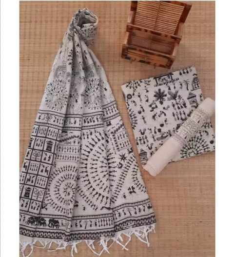 Matka Cotton Screen Printed Kalamkari Dress Material - Black Colour Design