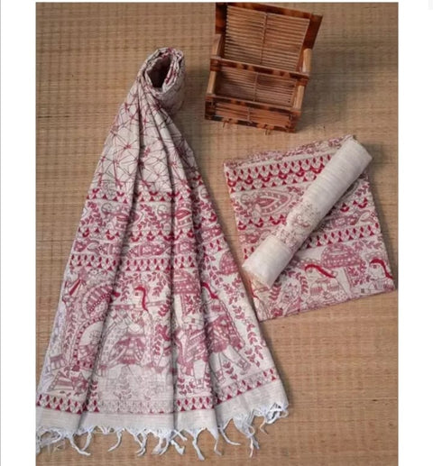 Matka Cotton Screen Printed Kalamkari Dress Material - Red Color Design