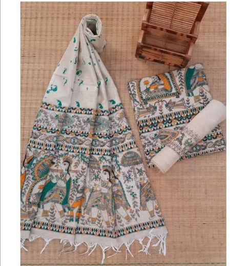 Matka Cotton Screen Printed Kalamkari Dress Material - Sea Blue Color Design