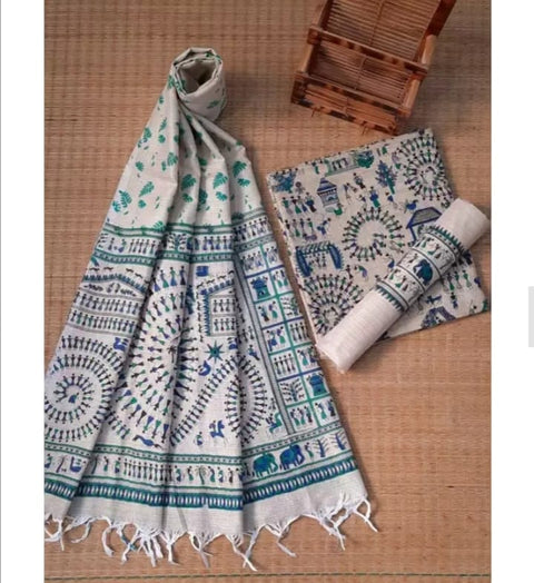 Matka Cotton Screen Printed Kalamkari Dress Material - Blue Color Design