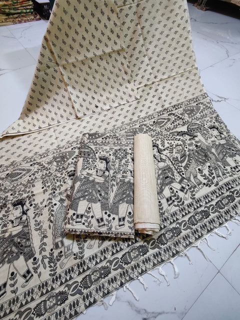 Matka Cotton Screen Printed Kalamkari Dress Material - Black Color Design