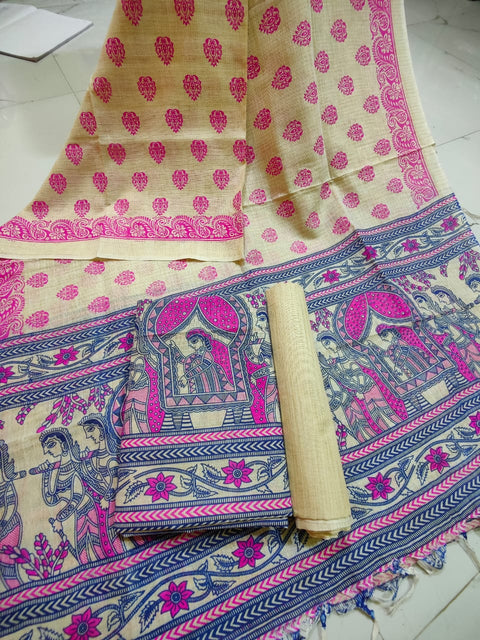 Matka Cotton Dress Material With  Screen Printed Design - Pink Color