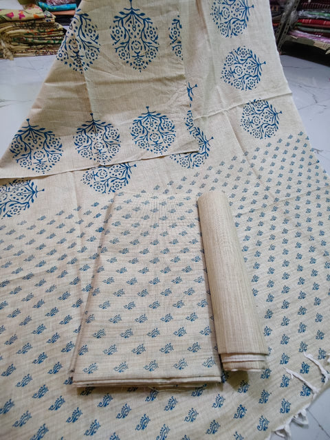 Matka Cotton Dress Material With  Screen Printed Design - Blue Color