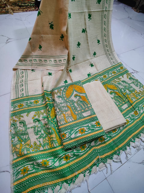 Matka Cotton Dress Material With  Screen Printed Design - Green Color