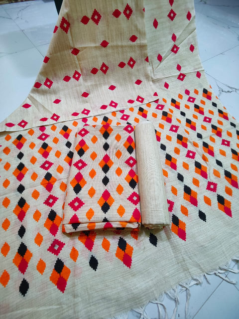 Matka Cotton Dress Material With  Screen Printed Design - Red Color