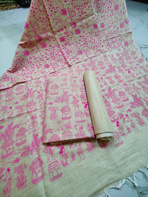 Matka Cotton Dress Material With  Screen Printed Design - Pink Color Design