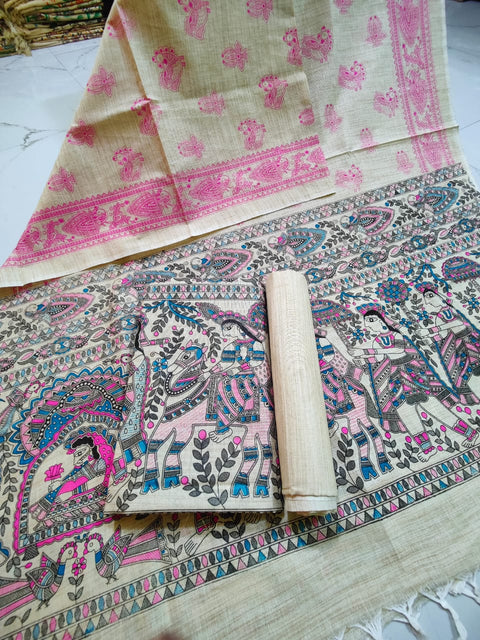 Matka Cotton Dress Material With  Screen Printed Design - Blue & Pink Color Design