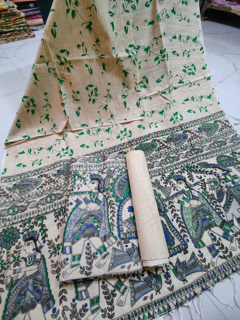 Matka Cotton Dress Material With  Screen Printed Design - Green Color Design