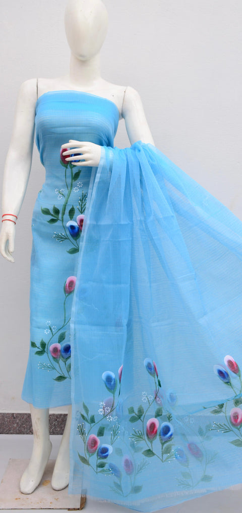 Hand Painted Kota Cotton Suit -  Blue Color