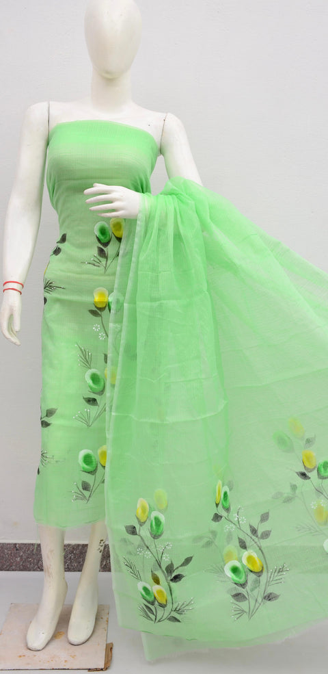 Hand Painted Kota Cotton Suit -  Green Color
