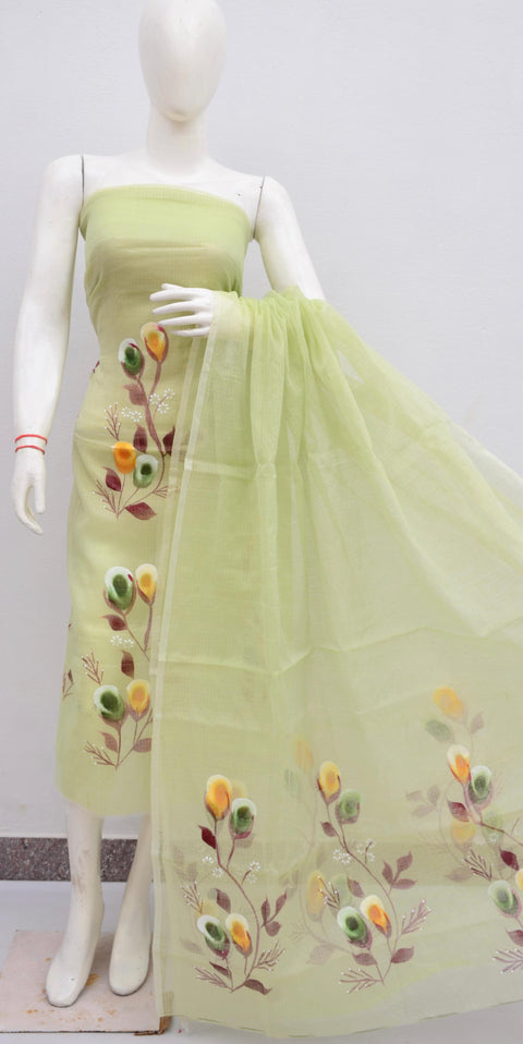 Hand Painted Kota Cotton Suit -  Pista Green Color