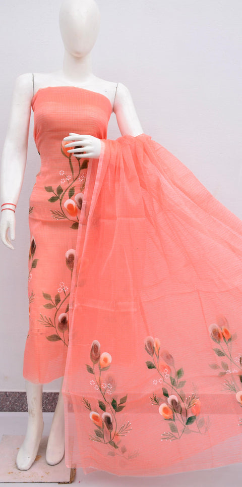 Hand Painted Kota Cotton Suit -  Peach Color