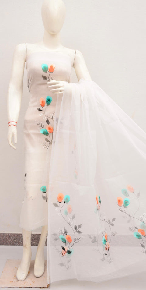 Hand Painted Kota Cotton Suit -  White Color