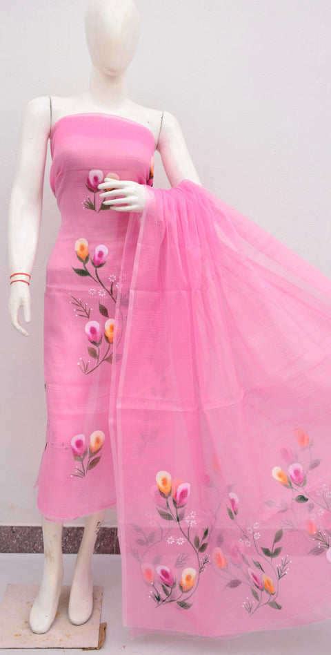 Hand Painted Kota Cotton Suit -  Pink Color