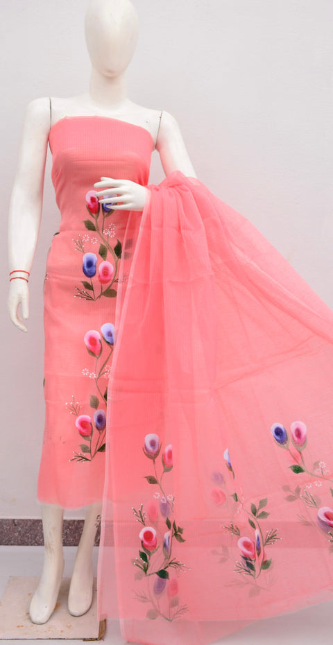 Hand Painted Kota Cotton Suit -  Peach