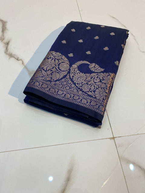Banarasi Semi Katan Soft Silk Saree - Navy  Blue Color