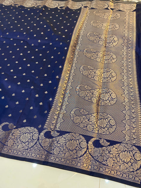 Banarasi Semi Katan Soft Silk Saree - Navy  Blue Color