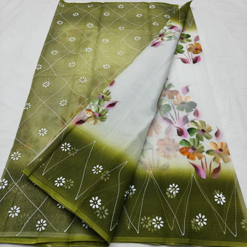 Kota Cotton Hand Painted Saree - Olive Green Color