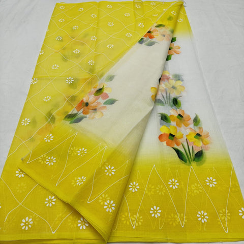Kota Cotton Hand Painted Saree - Yellow Color