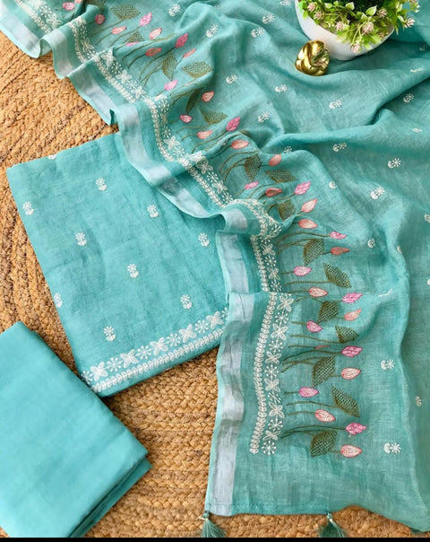 Pure Cotton Embroidered Salwar Suit - Green Color