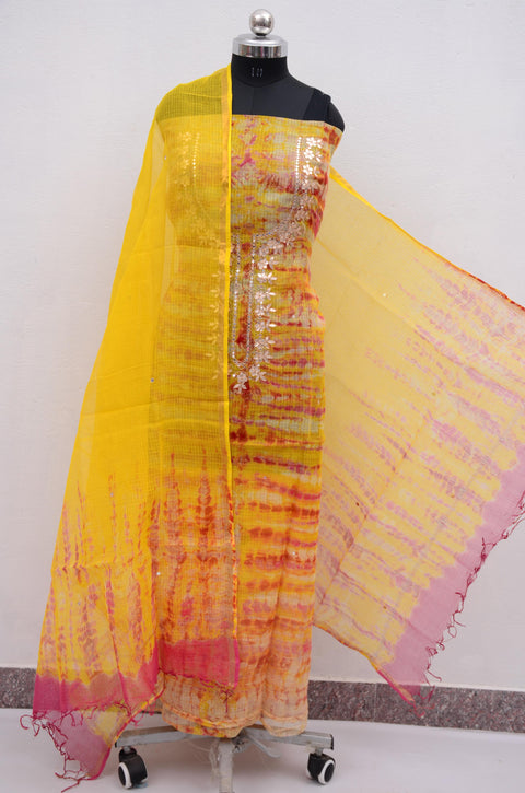 Gotta Patti Work Pure Cotton Kota Tye Dye Suit - Yellow