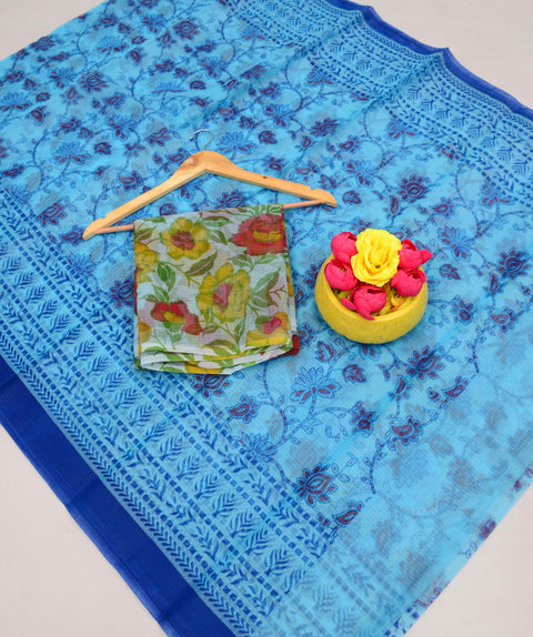 Kota Cotton Kalamkari Printed Saree - Blue Color