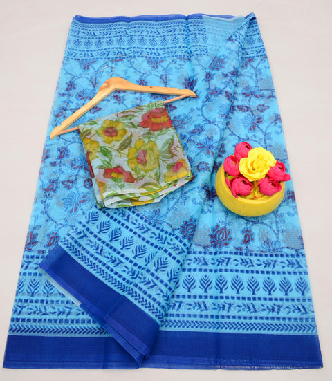 Kota Cotton Kalamkari Printed Saree - Blue Color