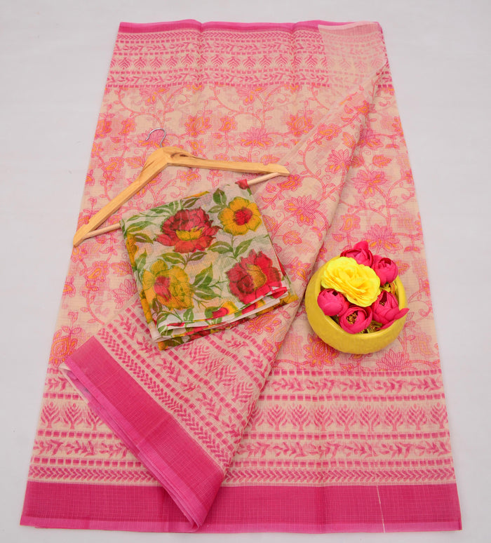 Kota Cotton Kalamkari Printed Saree - Light Pink