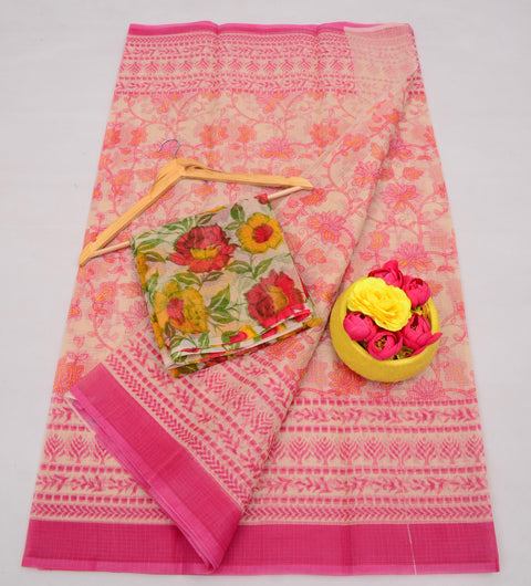 Kota Cotton Kalamkari Printed Saree - Light Pink