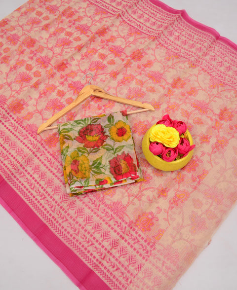 Kota Cotton Kalamkari Printed Saree - Light Pink