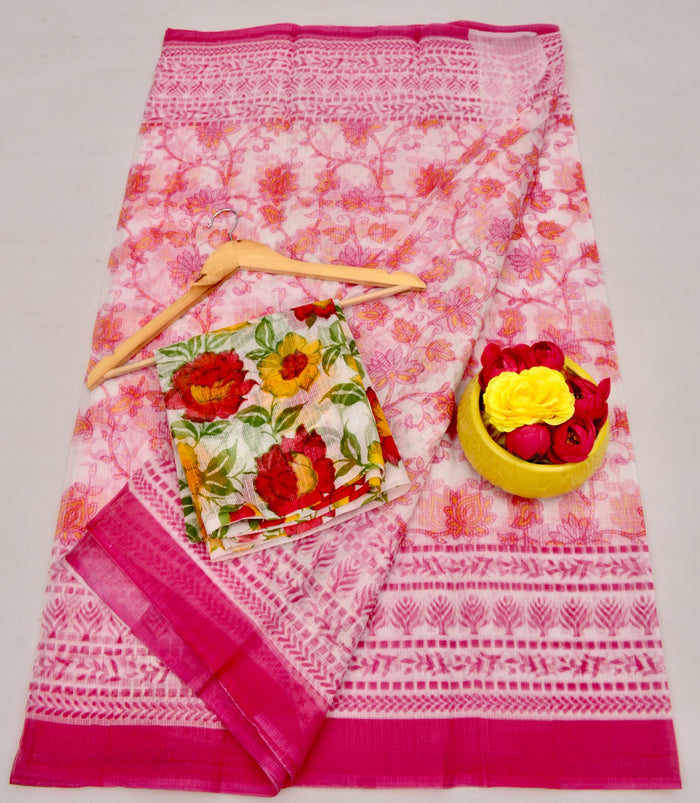 Kota Cotton Kalamkari Printed Saree - Rani Pink Color