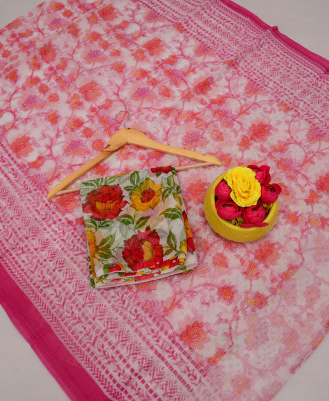 Kota Cotton Kalamkari Printed Saree - Rani Pink Color