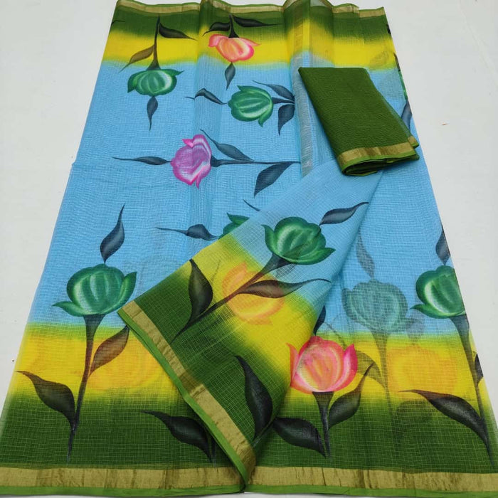 Pure Cotton Kota Doria Hand Painted Saree - Blue & Green Color