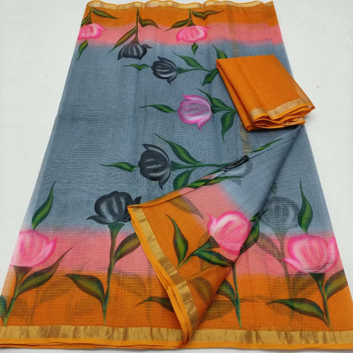 Pure Cotton Kota Doria Hand Painted Saree - Grey & Orange Color