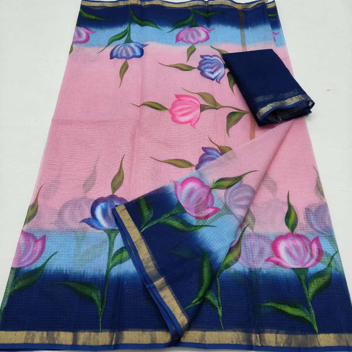 Pure Cotton Kota Doria Hand Painted Saree - Pink & Blue Color