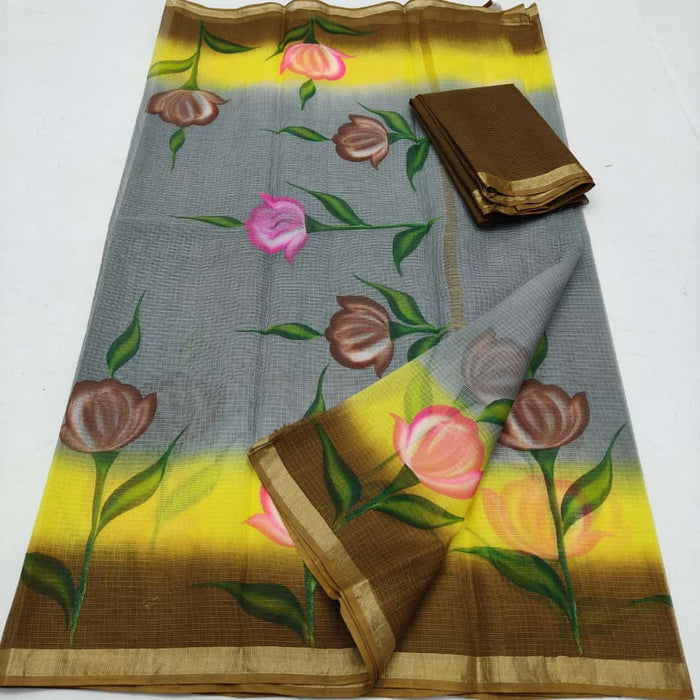 Pure Cotton Kota Doria Hand Painted Saree - Grey & Yellow Color