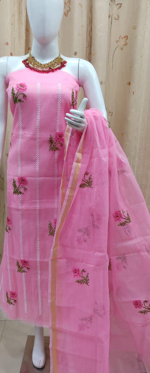 Embroidery Work Kota Cotton Dress Material - Pink Color  Trend In Need