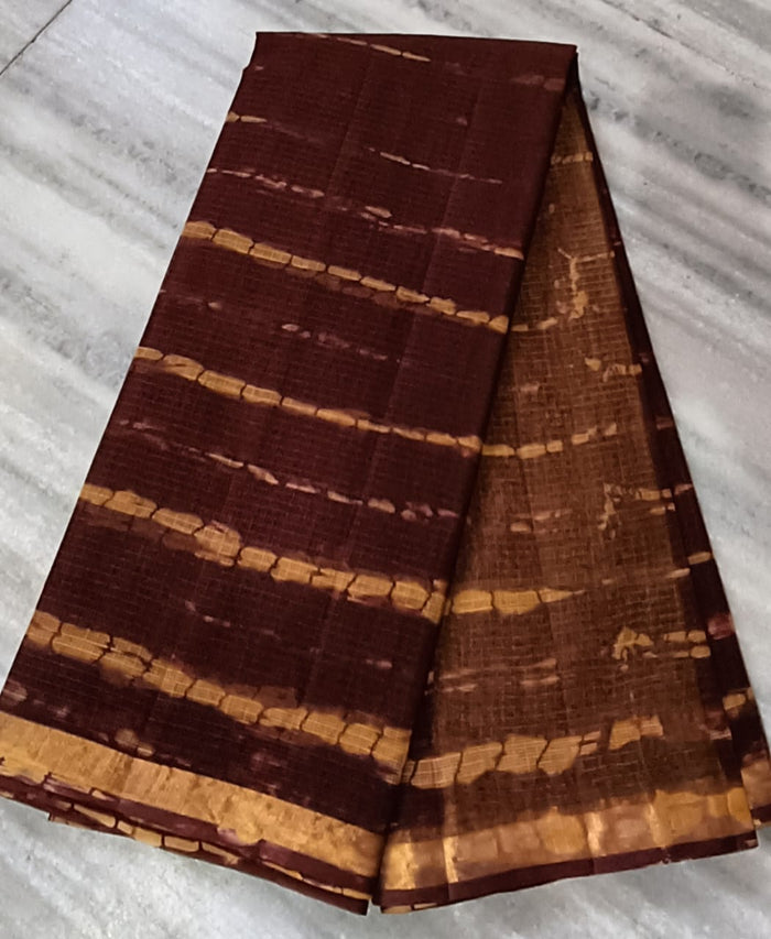 Shibori Print Pure Cotton Kota Doria  Saree - Brown  Color