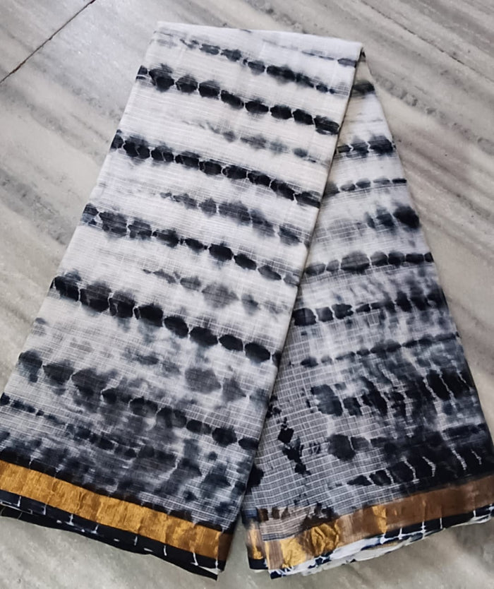 Shibori Print Pure Cotton Kota Doria  Saree - White Color