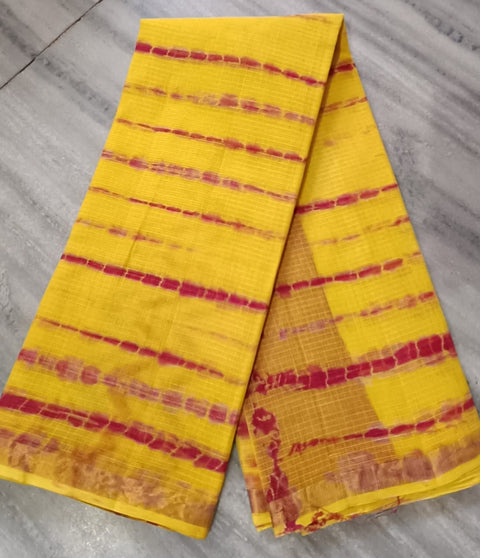 शिबोरी प्रिंट शुद्ध कॉटन कोटा डोरिया साड़ी - पीला