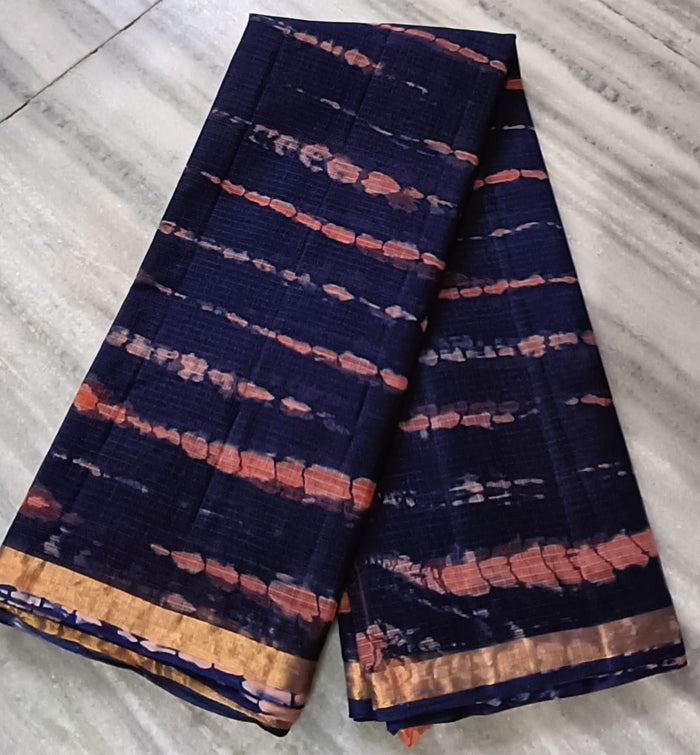 Shibori Print Pure Cotton Kota Doria  Saree - Navy Blue Color