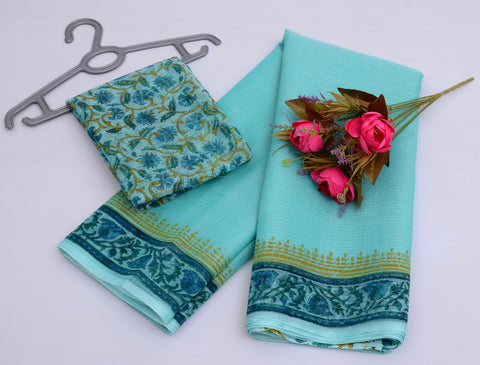 Block Printed Kota Cotton Mix Saree - Sea Blue Color