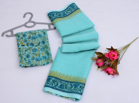 Block Printed Kota Cotton Mix Saree - Sea Blue Color