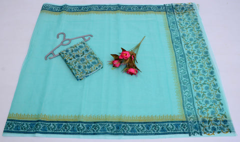 Block Printed Kota Cotton Mix Saree - Sea Blue Color