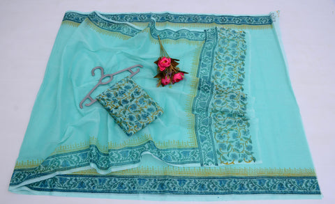 Block Printed Kota Cotton Mix Saree - Sea Blue Color