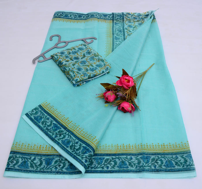 Block Printed Kota Cotton Mix Saree - Sea Blue Color